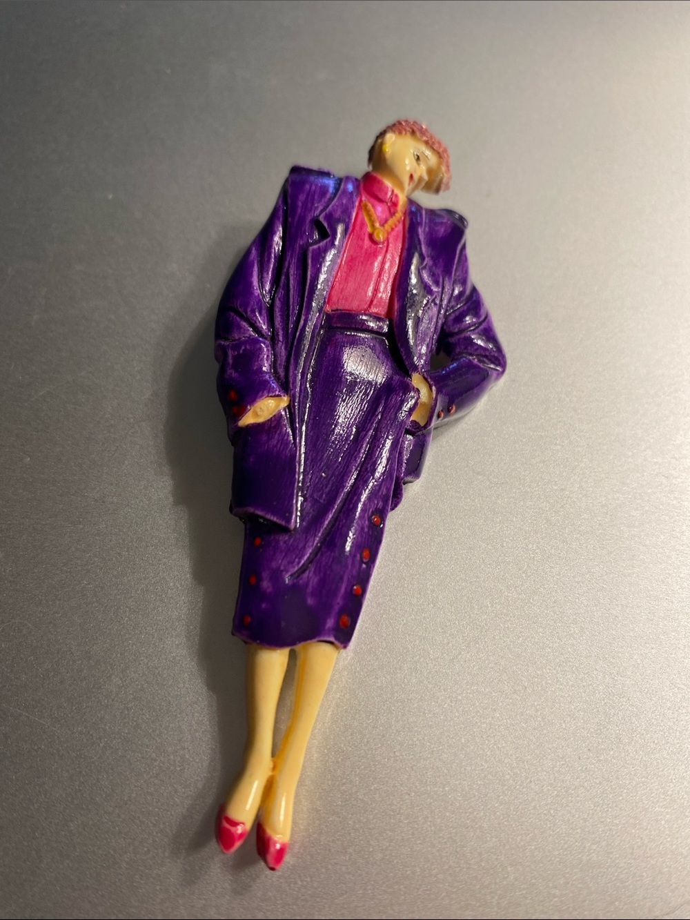 Vintage 80s career woman Purple Lady Brooch with Pink Blouse